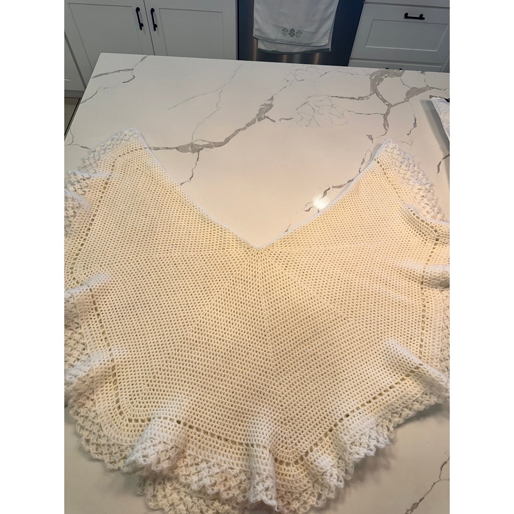 Handmade Ivory Crochet Shawl Ruffle Lace Trim Pointelle Knit Triangle Wrap Cream